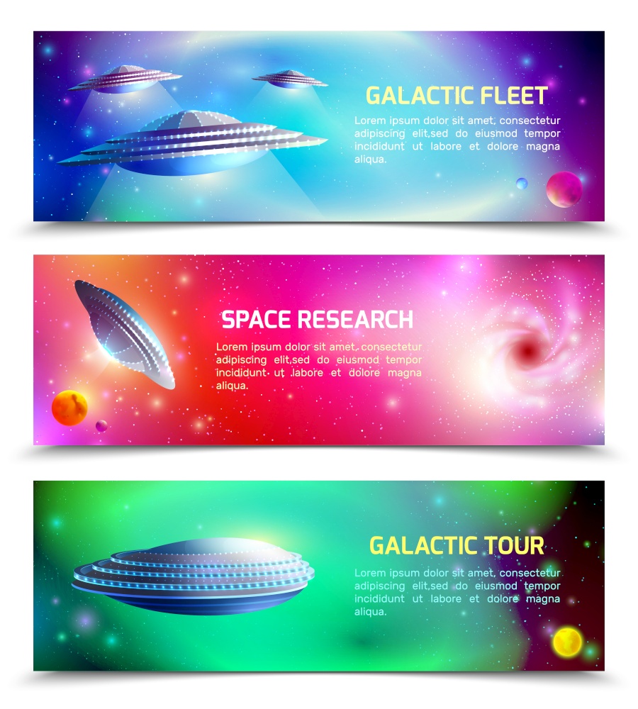Alien spaceship set of horizontal banners with space research, galactic tour, cosmic fleet isolated vector illustration. Alien Spaceship Horizontal Banners