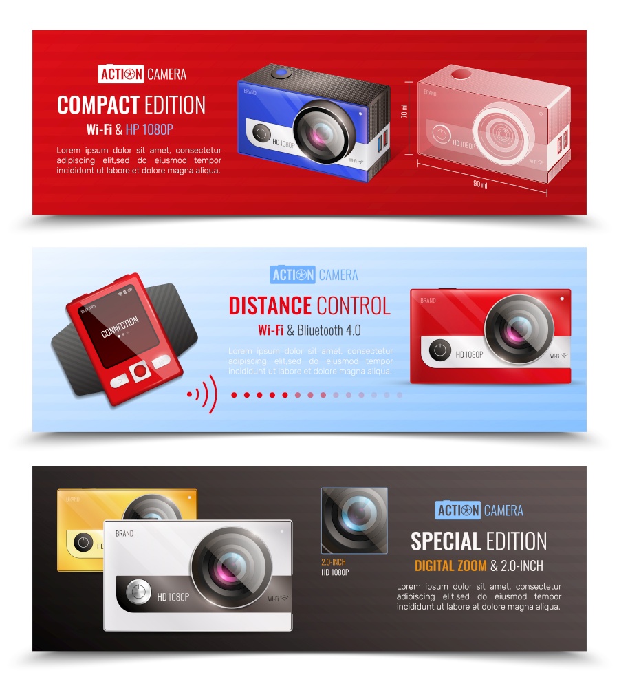 Action camera horizontal banners set with distance control symbols realistic isolated vector illustration. Action Camera Banners Set