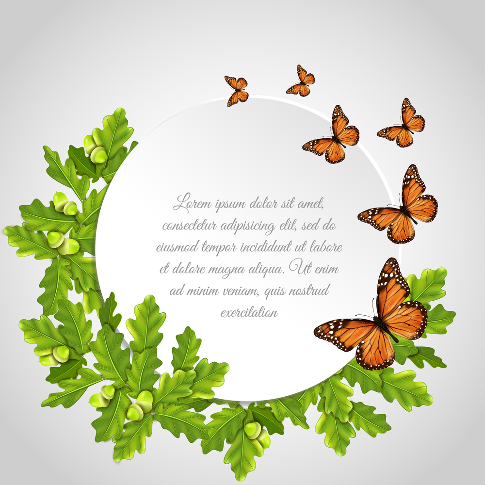 Butterflies realistic round frame card composition with insects oak leaves and text sample vector illustration . Butterflies Round Frame