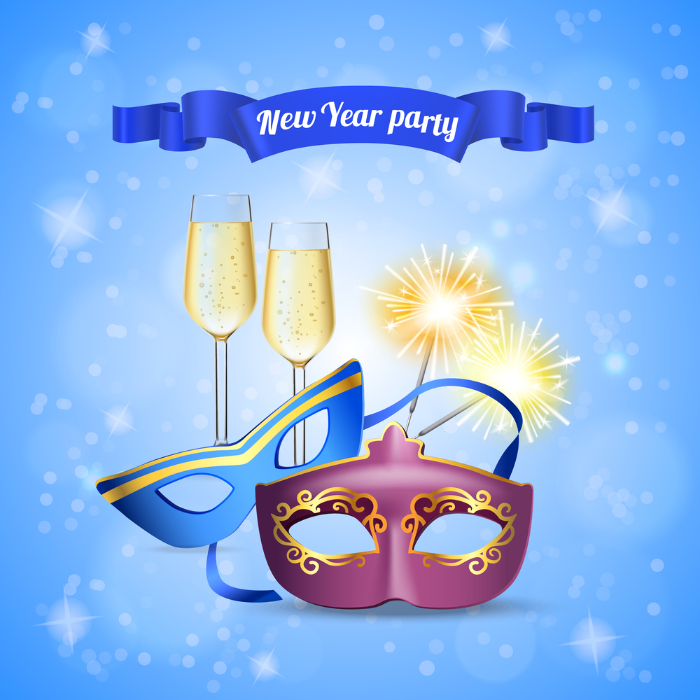 New year party accessories realistic composition with champagne glasses eye masks bengal light sparklers invitation vector illustration . Celebration Party Realistic Composition