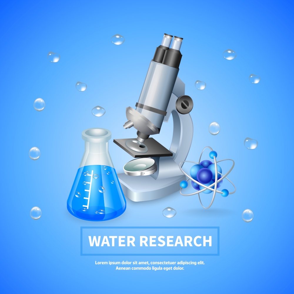 Water research blue background with water drops microscope chemical lab equipment and atom structure realistic icons vector illustration. Water Research Background