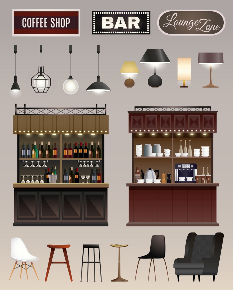 Coffee shop bar interior elements collection with counters wine liquor shelves lamps chairs stools isolated vector illustration  . Cafe Bar Interior Set