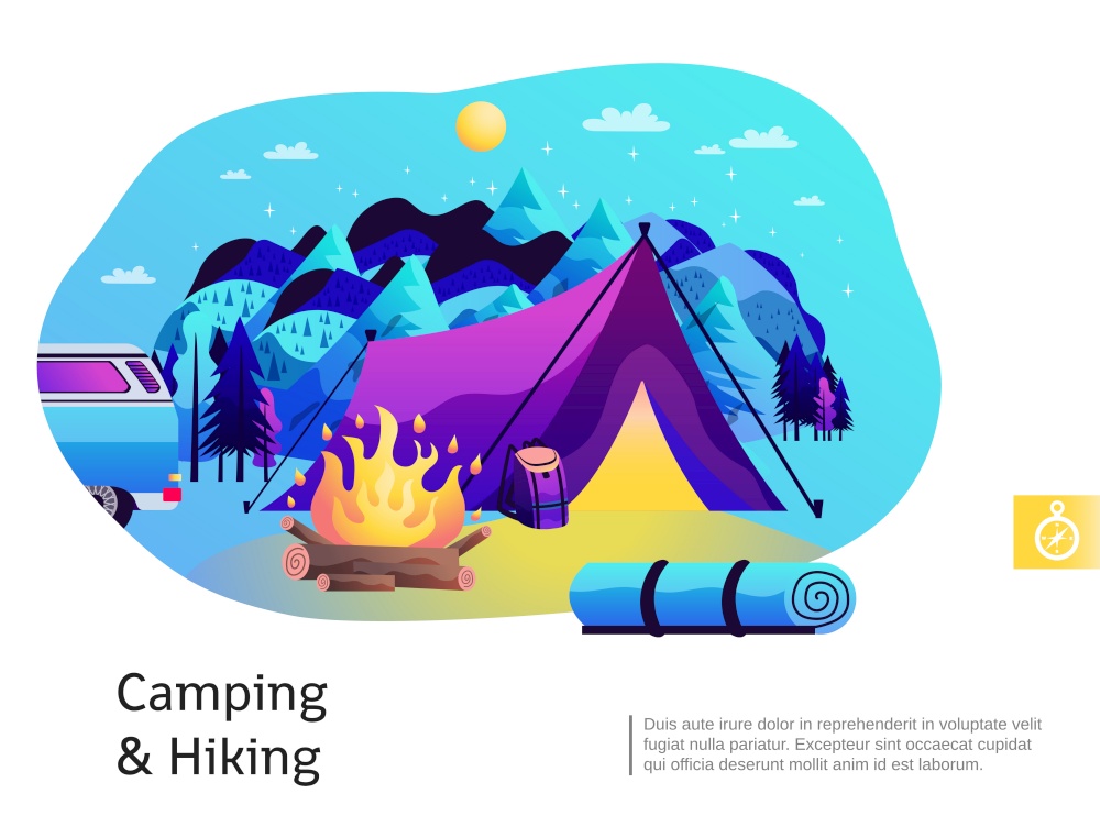 Camping hiking abstract colorful composition with open fire purple tent blue mountains in background  poster vector illustration . Camping Hiking Colorful Illustration