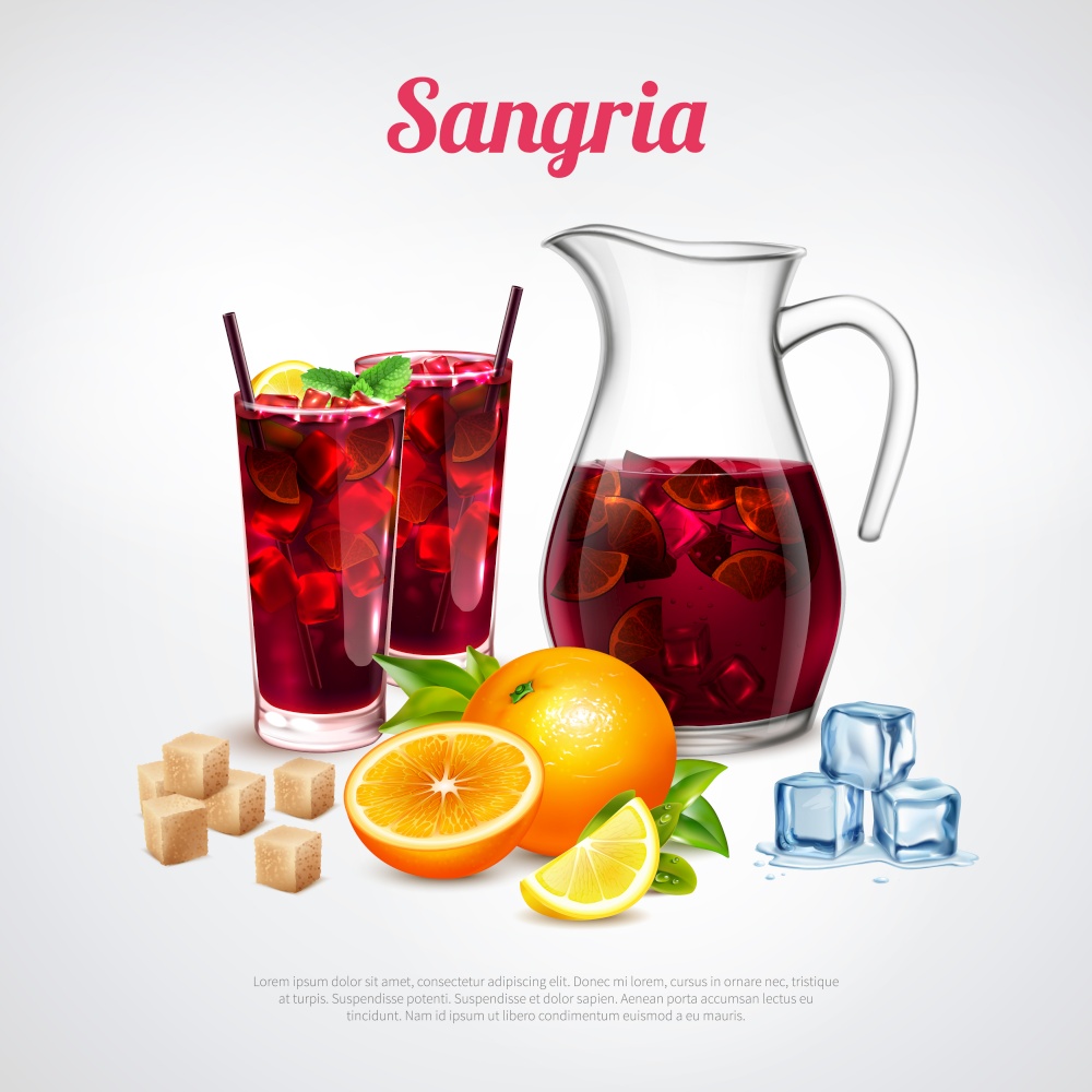 Cocktails realistic poster with sangria ingredients and jug of alcoholic beverage inside vector illustration. Cocktails Realistic Poster