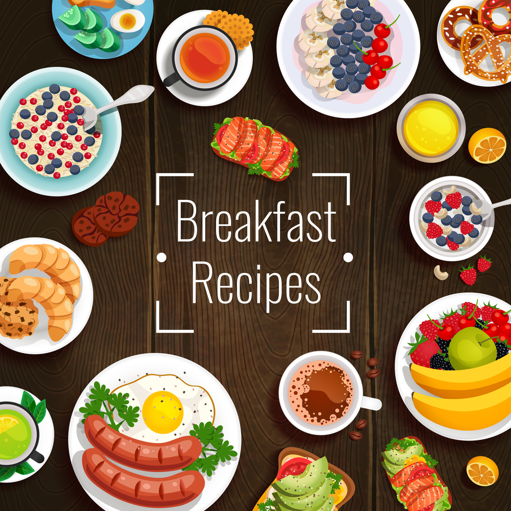 Breakfast recipes design concept with set of various dishes for traditional and diet breakfast on wooden table vector illustration. Breakfast Recipes Vector Illustration