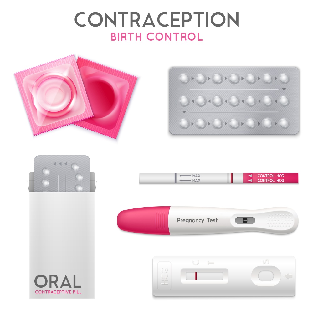 Contraception oral birth control pills condoms and early pregnancy tests kits realistic objects collection isolated vector illustration . Contraception Pregnancy Test Set