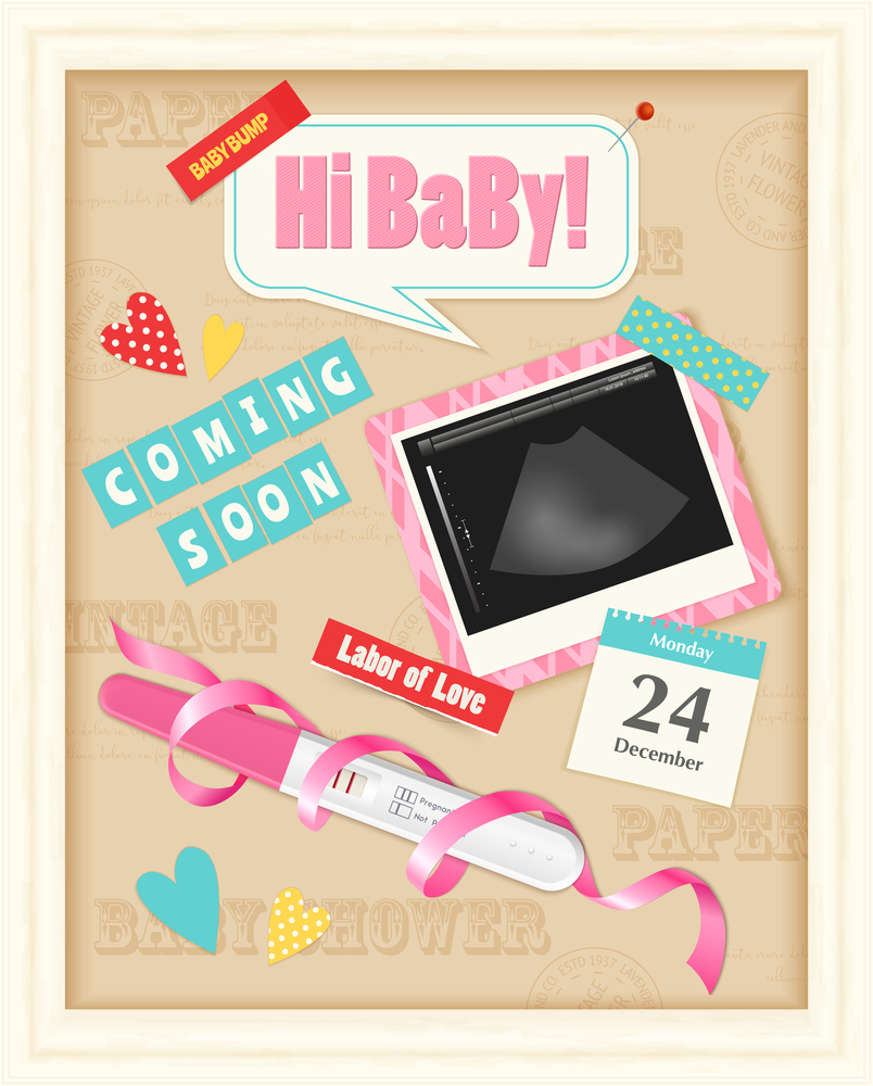 Coming soon baby girl realistic scrap album page with positive pregnancy test ultrasound image pink ribbon vector illustration. Baby Scrap Album Realistic