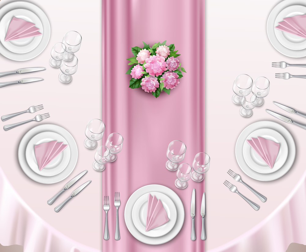 Wedding table set up realistic background with top view of oval table decorated by roses  vector illustration . Wedding Table Set Up