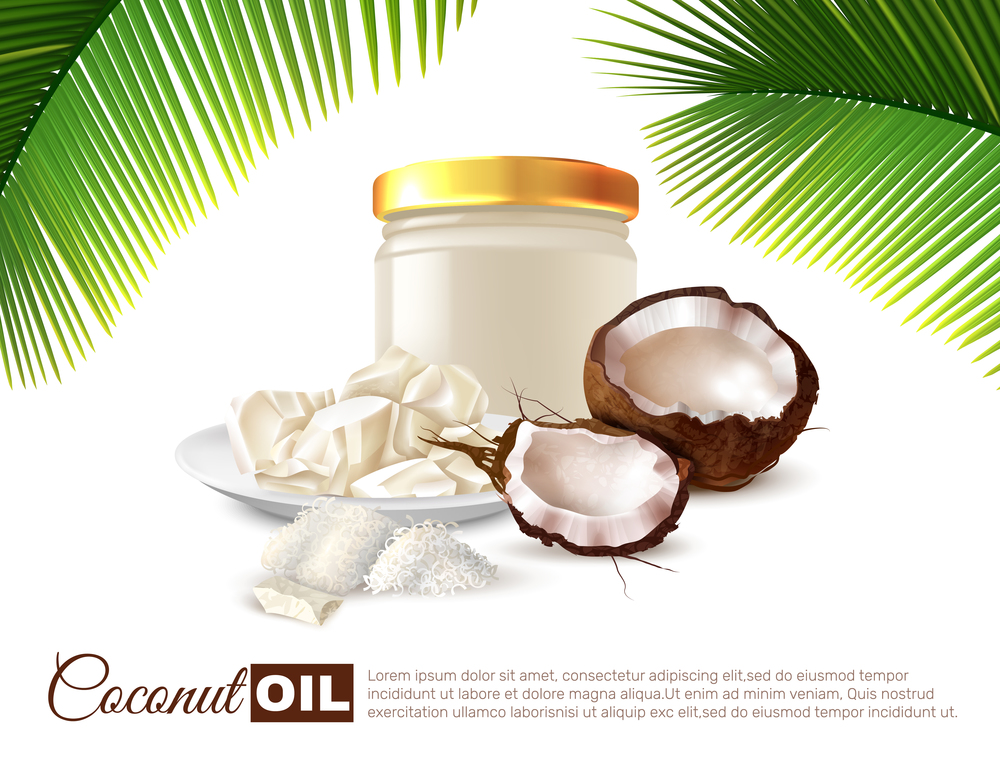 Coconut oil realistic poster with half nuts can of oil and palm leaves on white background vector illustration . Coconut Oil Realistic Poster
