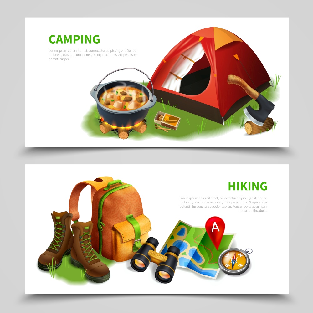 Two horizontal camping realistic flyer set camping and hiking headlines colored and realistic vector illustration. Camping Realistic Flyer Set