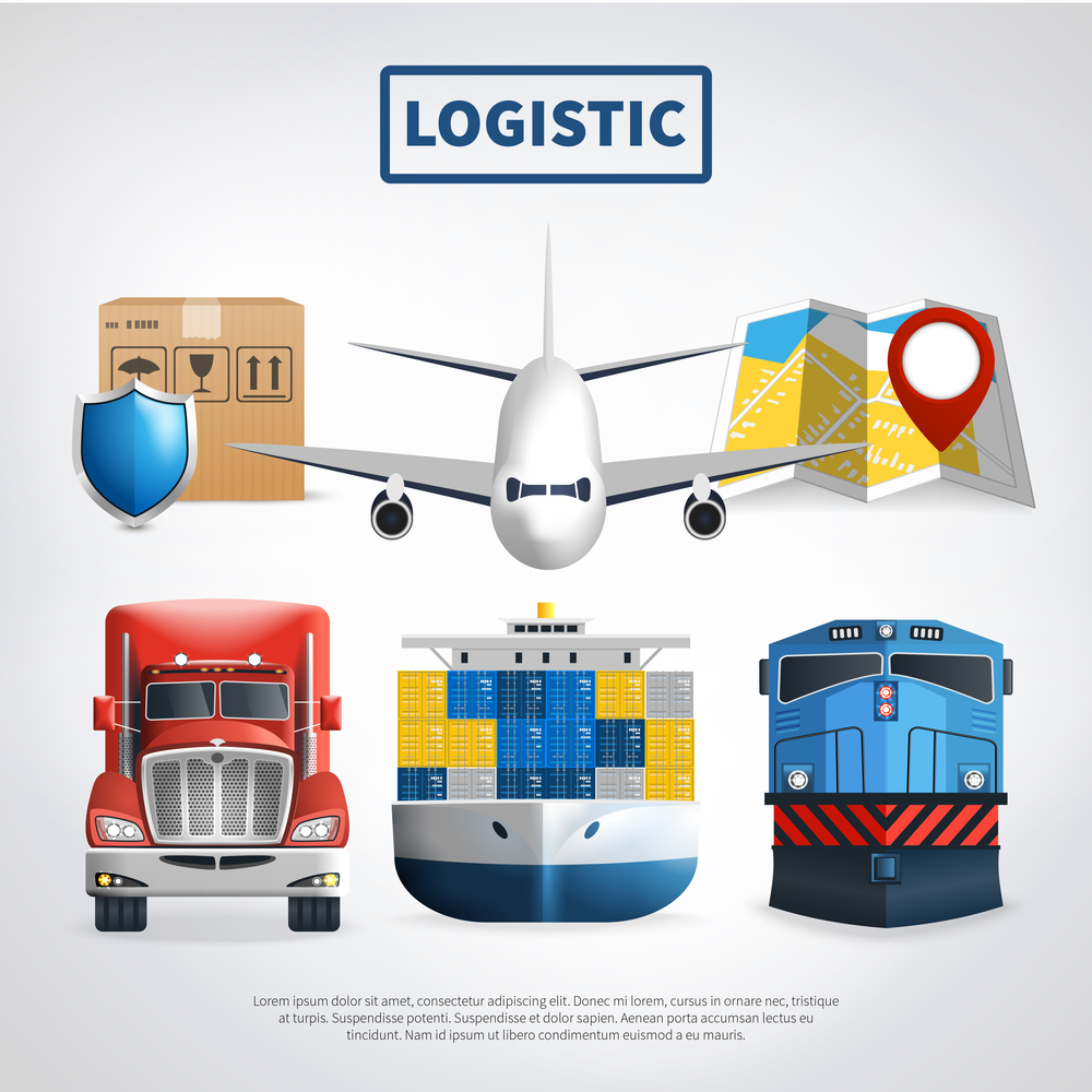 Logistic colored poster with means of transport to deliver goods and big headline vector illustration. Colored Logistic Poster