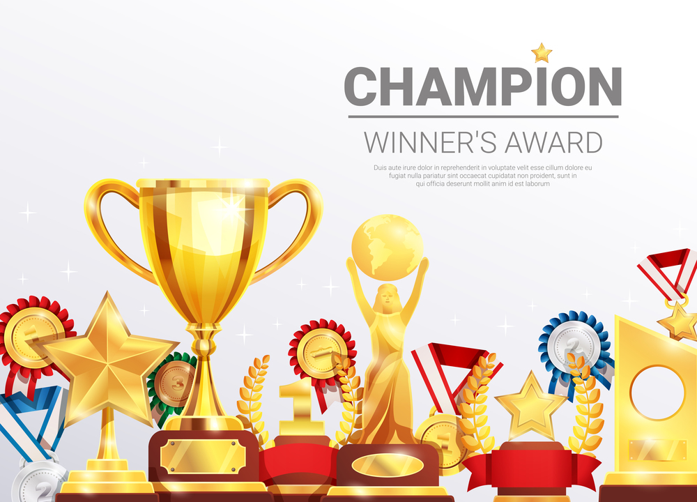 Sport competitions winners awards realistic composition poster with gold silver bronze medals and championship cup vector illustration . Championships Winners Awards Collection Poster