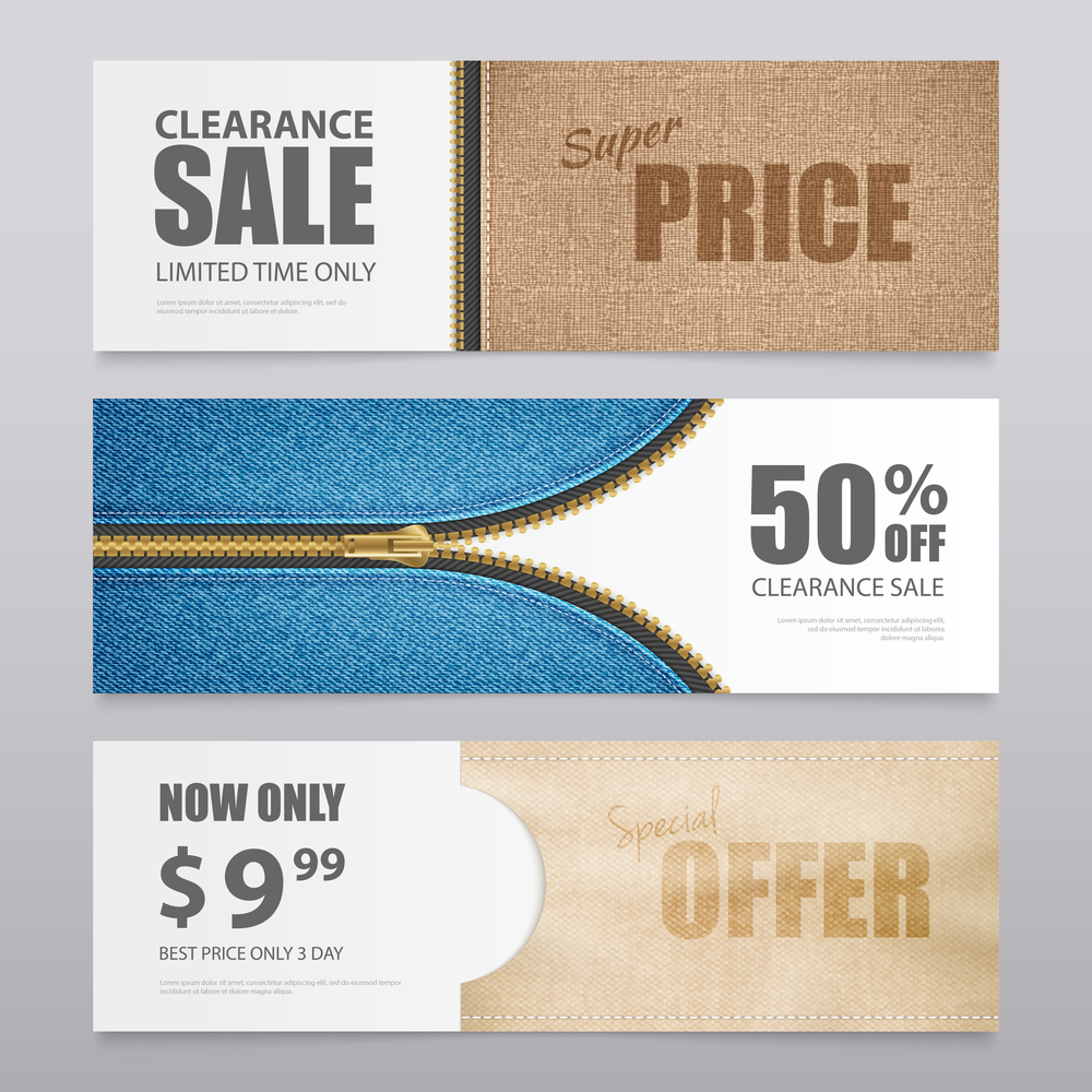 Cloth textile clearance sale special offer 3 horizontal advertisement banners with realistic fabric texture isolated vector illustration . Cloth Fabric Textile Banners Set