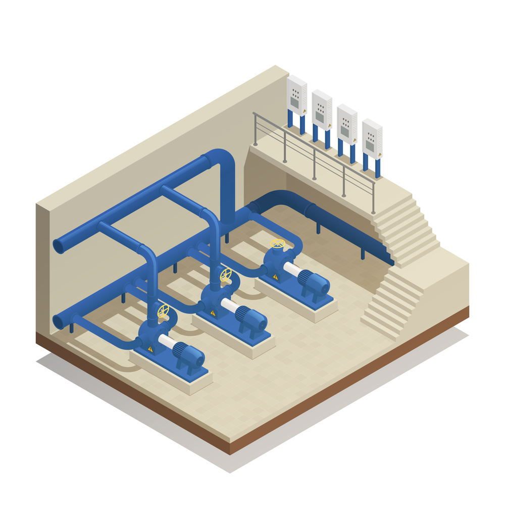 Water purification and cleaning facility element isometric composition with treatment plant pump system equipment vector illustration . Water Cleaning System Isometric Composition