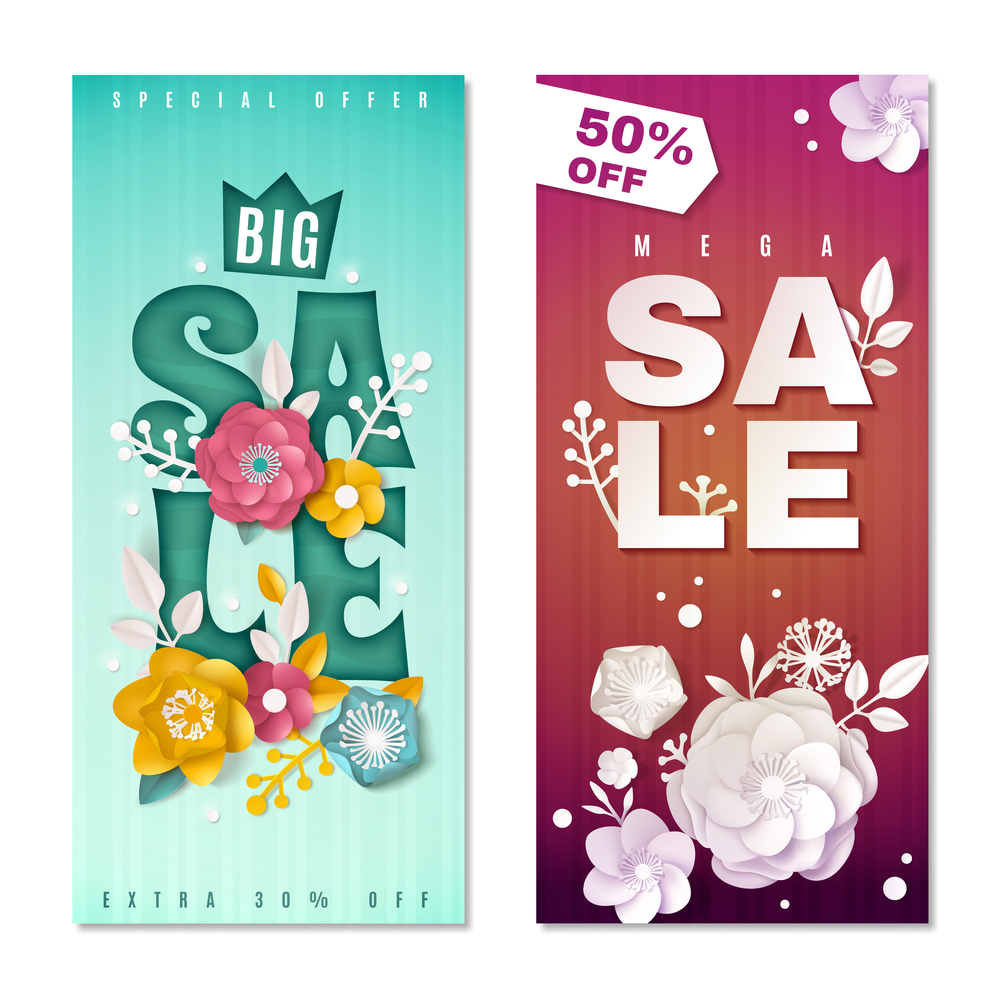 Big sale vertical banners in paper style  with white and colored flowers and percentage discount isolated vector illustration. Big Sale Vertical Banners