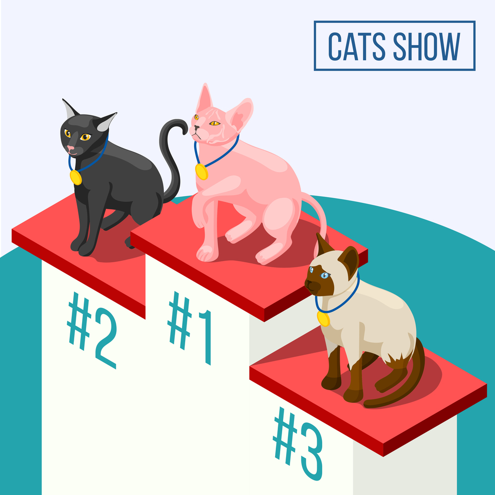 Cats show isometric composition including animals winners with medals on pedestal vector illustration. Cats Show Isometric Composition