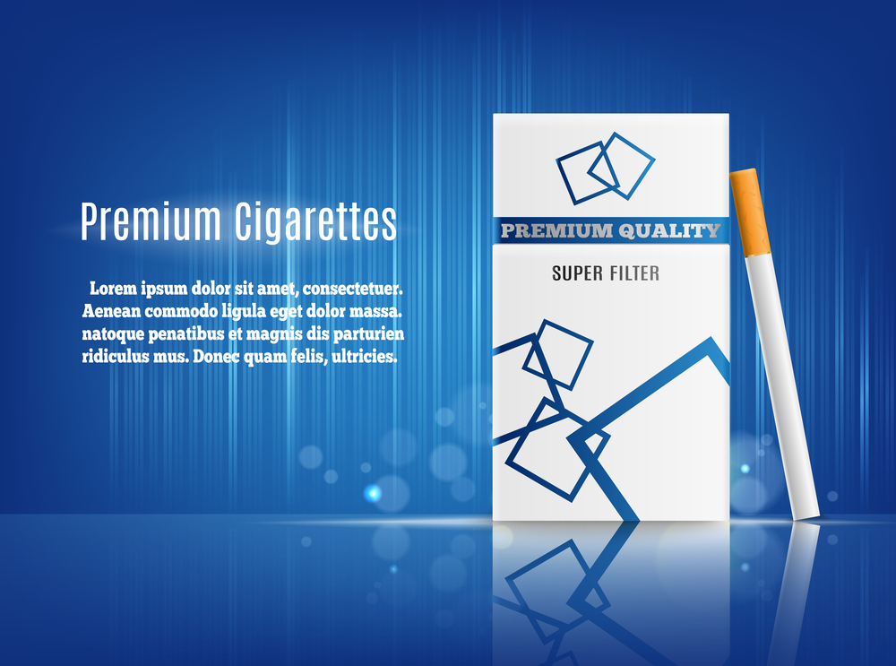 Premium cigarettes realistic composition advertisement poster with hard pack on sea blue reflective surface and background vector illustration  . Cigarettes Advertisement Realistic Composition