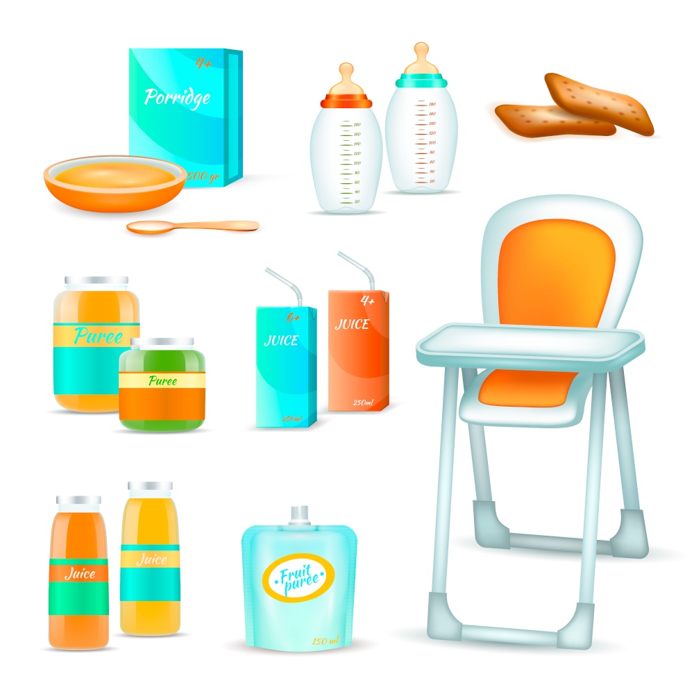 Baby food realistic 3d set of isolated childhood nutrition icons and high chair for feeding child vector illustration. Baby Feeding 3D Set