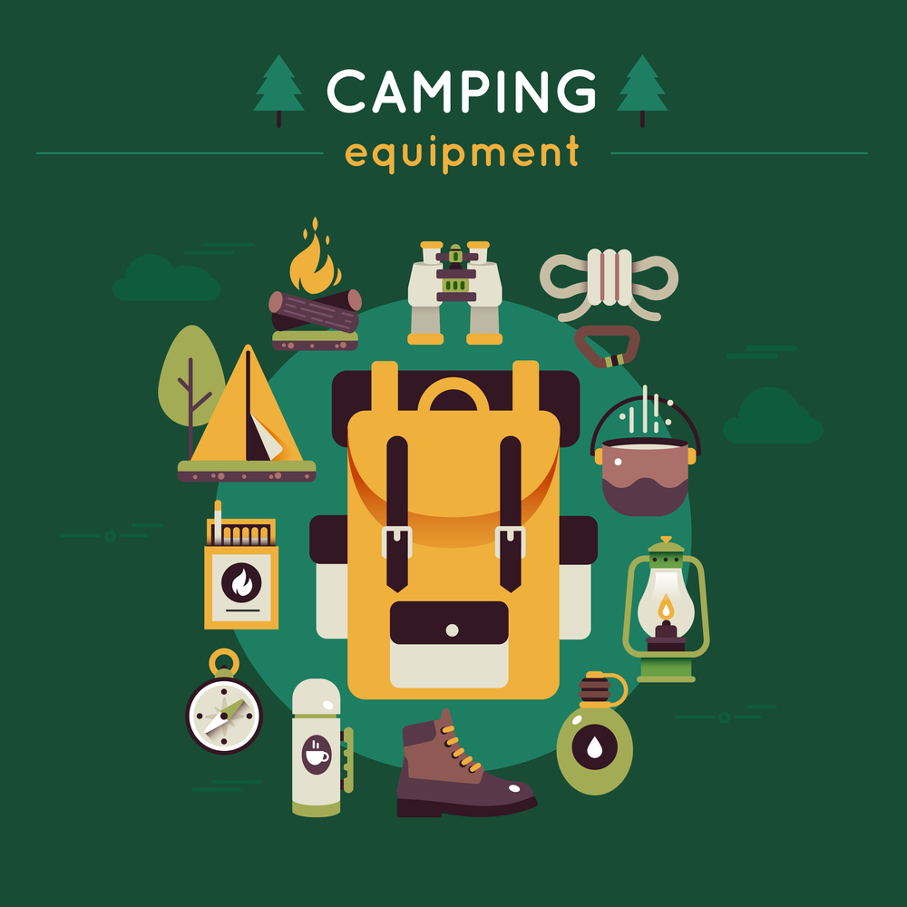 Camping green color composition with icon set on hiking and camping theme vector illustration. Camping Colored Composition