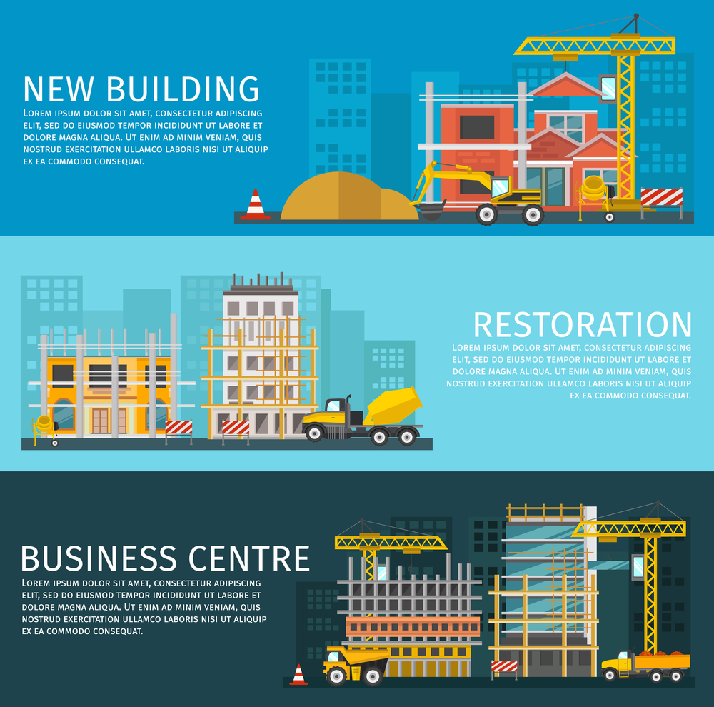 Construction horizontal banners set with new building restoration of houses and business centre isolated vector illustration. Construction Horizontal Banners Set