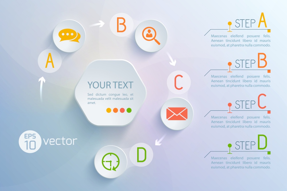 Background with virtual interface flowchart circle composition of round chat and email exchange icons text paragraphs vector illustration