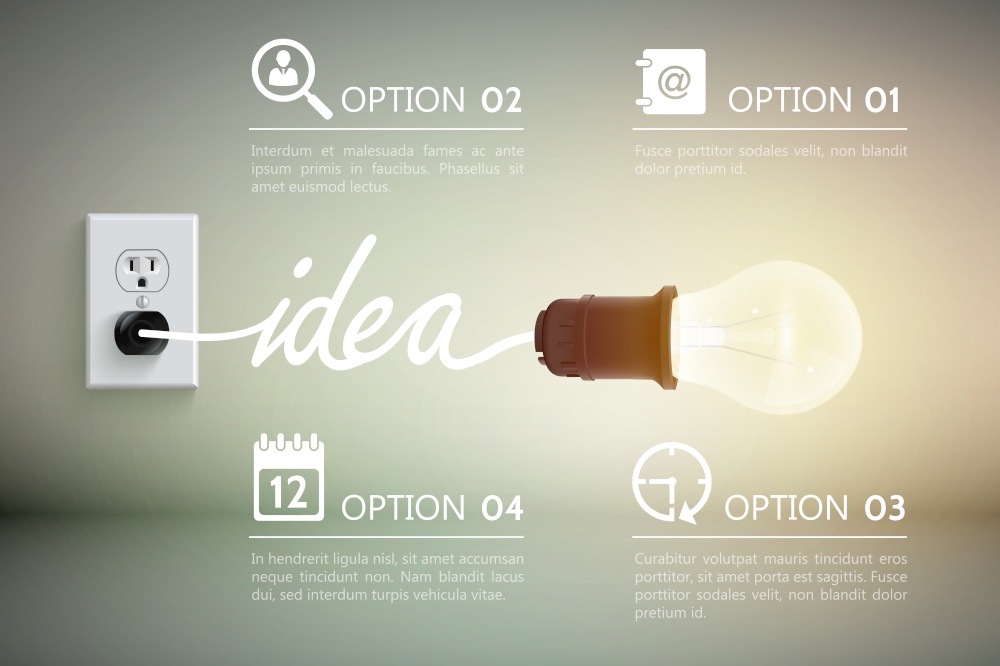 Conceptual background with incandescent lamp connected to power socket with word idea and decorative signs vector illustration. Luminant Bulb Idea Concept