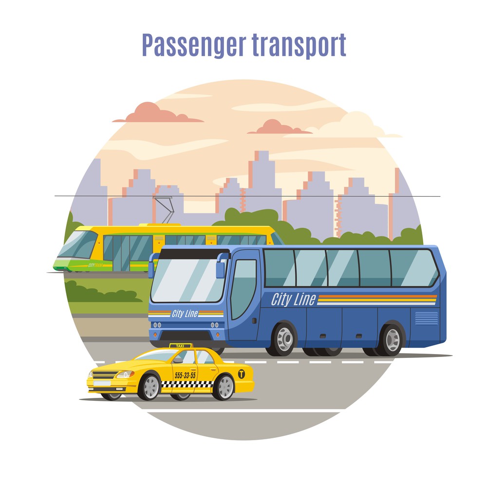 Urban public passenger vehicles template with taxi car bus on road and tram vector illustration. Urban Public Passenger Vehicles Template