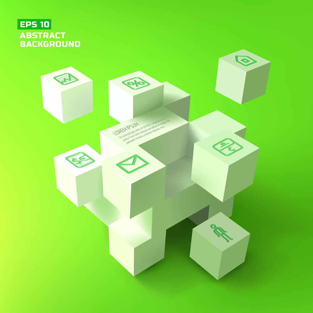 Composition from 3d white cubes with monochrome business icons and text on green background vector illustration. Business Icons And Cubes Background