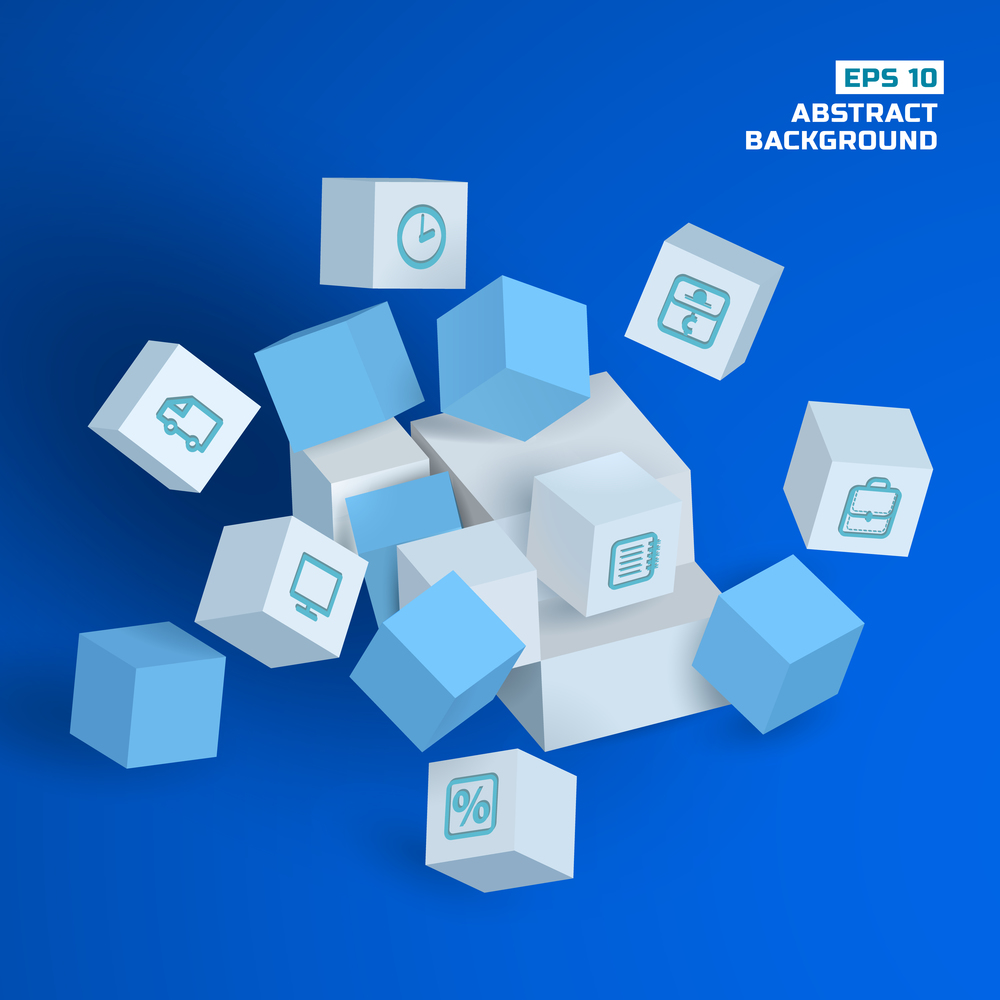 Abstract geometric template with 3d cubes business icons on blue background isolated vector illustration. Abstract Geometric Template
