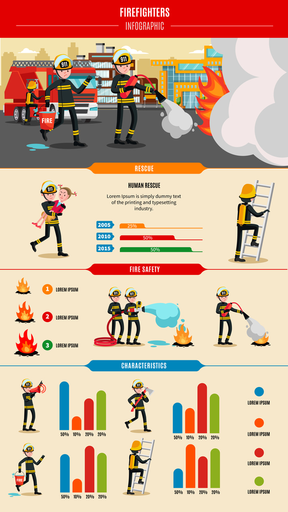 Colorful firefighting infographic concept with professional firefighters in uniform rescue equipment and tools vector illustration. Colorful Firefighting Infographic Concept