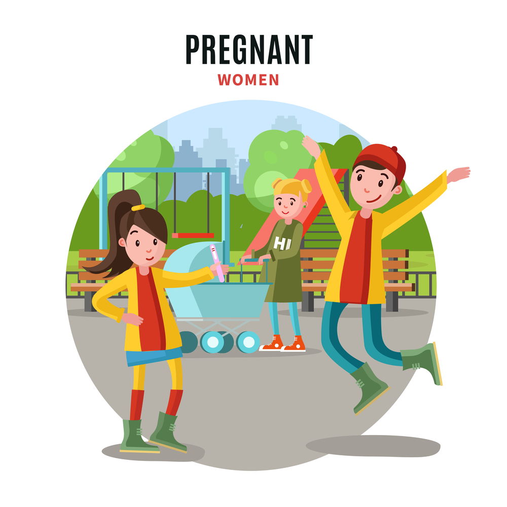 Colorful pregnant woman concept with jumping happy man learning about his girl pregnancy vector illustration. Colorful Pregnant Woman Concept