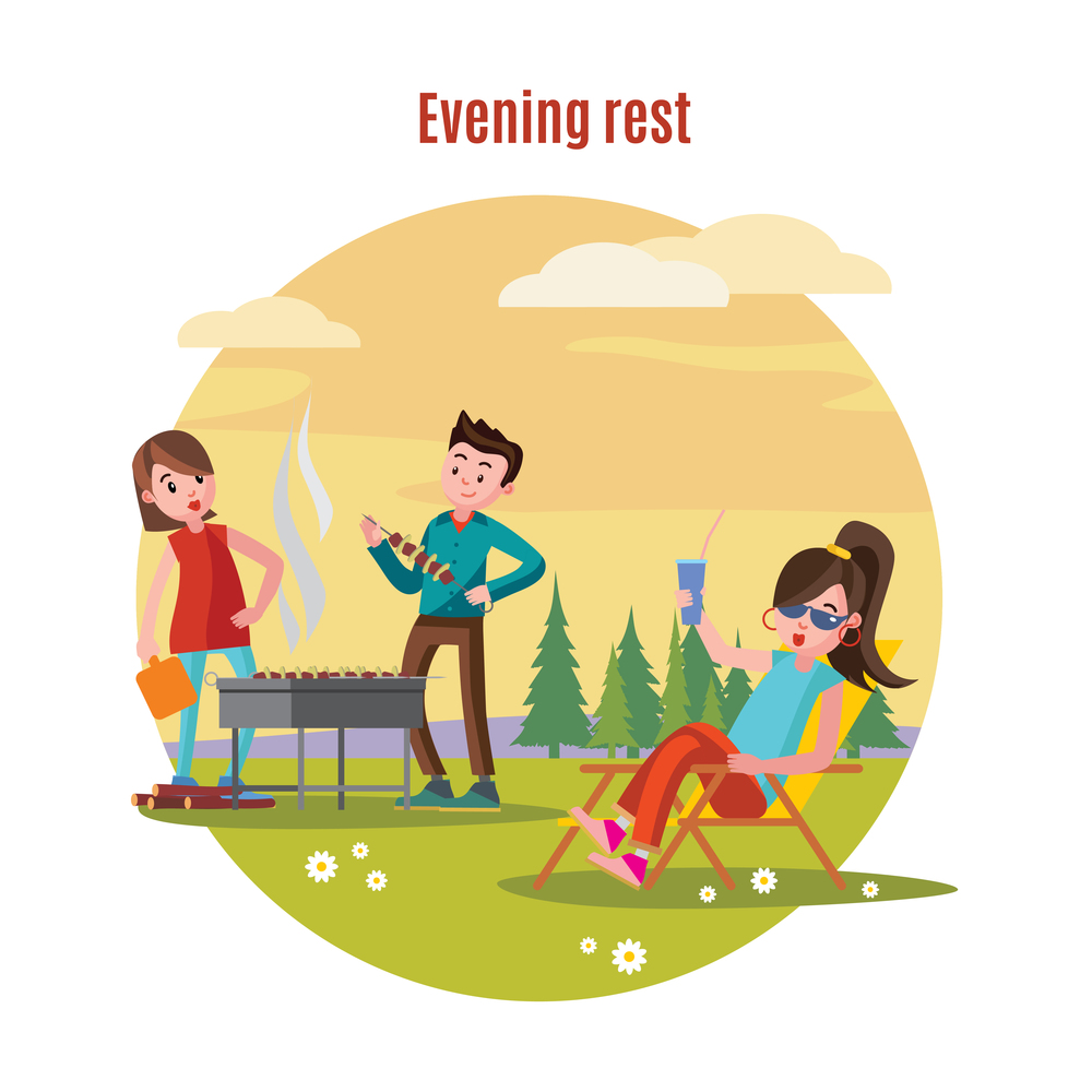 Colorful outdoor recreation concept with couple preparing barbecue and woman drinking cocktail on forest landscape vector illustration. Colorful Outdoor Recreation Concept