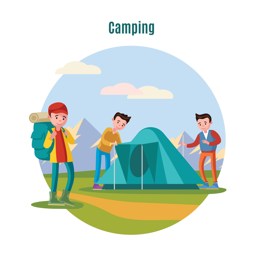 Colorful camping and backpacking template with group of young tourists setting up tent on grass vector illustration. Colorful Camping And Backpacking Template