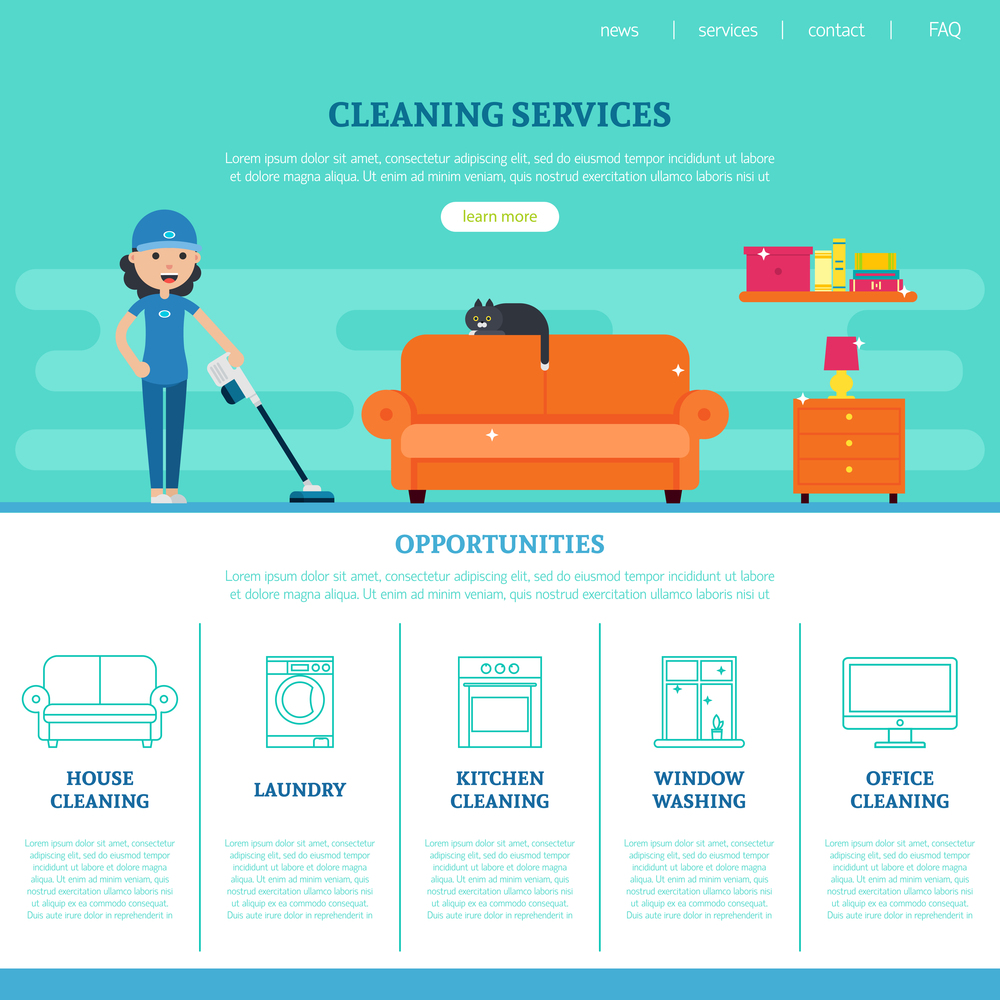 Cleaning company web page template with different services in flat style vector illustration. Cleaning Company Web Page Template
