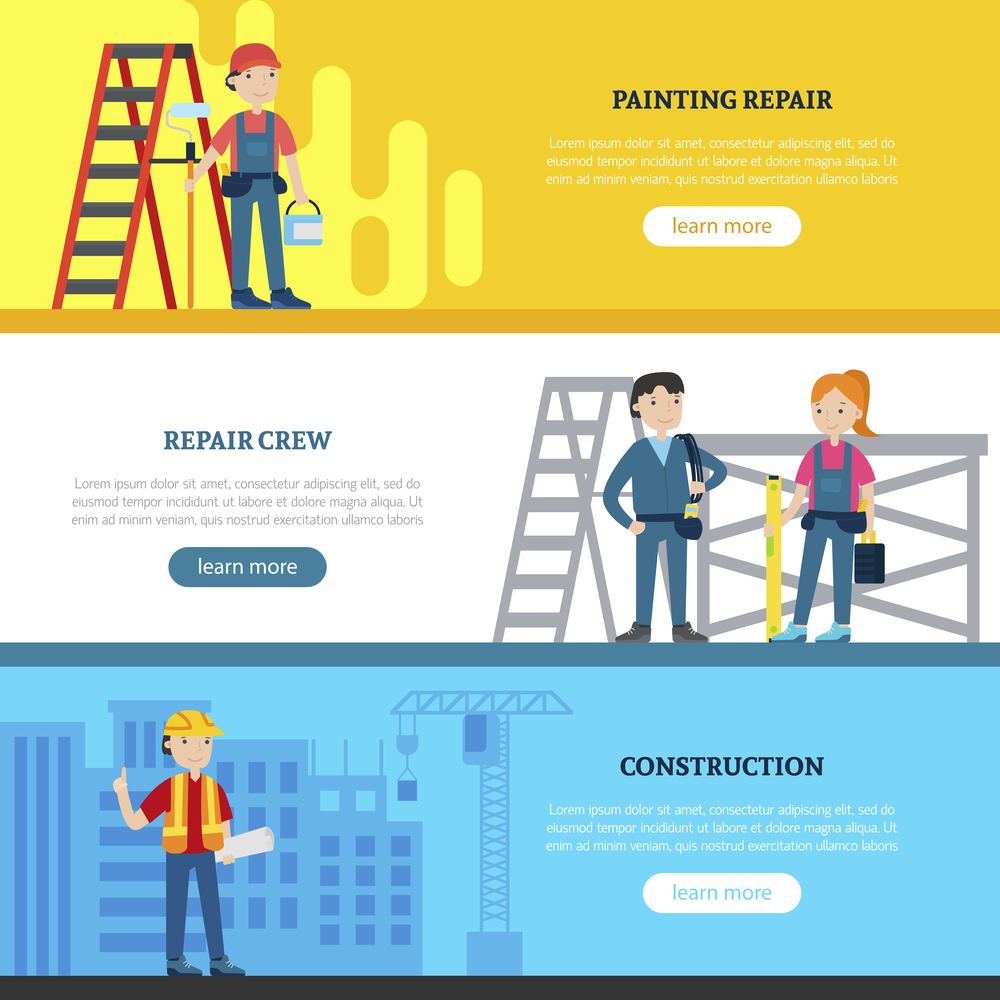 Construction team horizontal banners with painter repair workers architect and professional equipment vector illustration. Construction Team Horizontal Banners