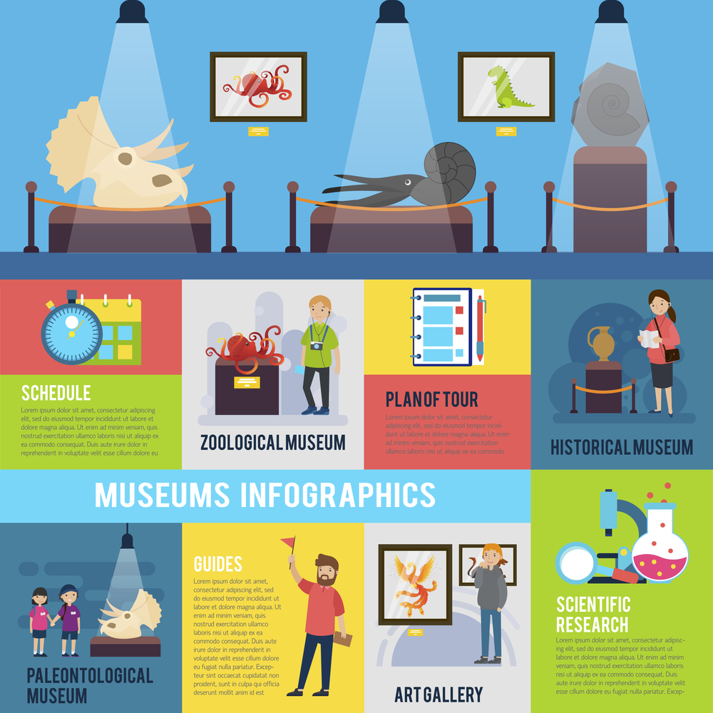 Colorful excursion infographic concept with people attending museums exhibitions and art gallery vector illustration . Colorful Excursion Infographic Concept