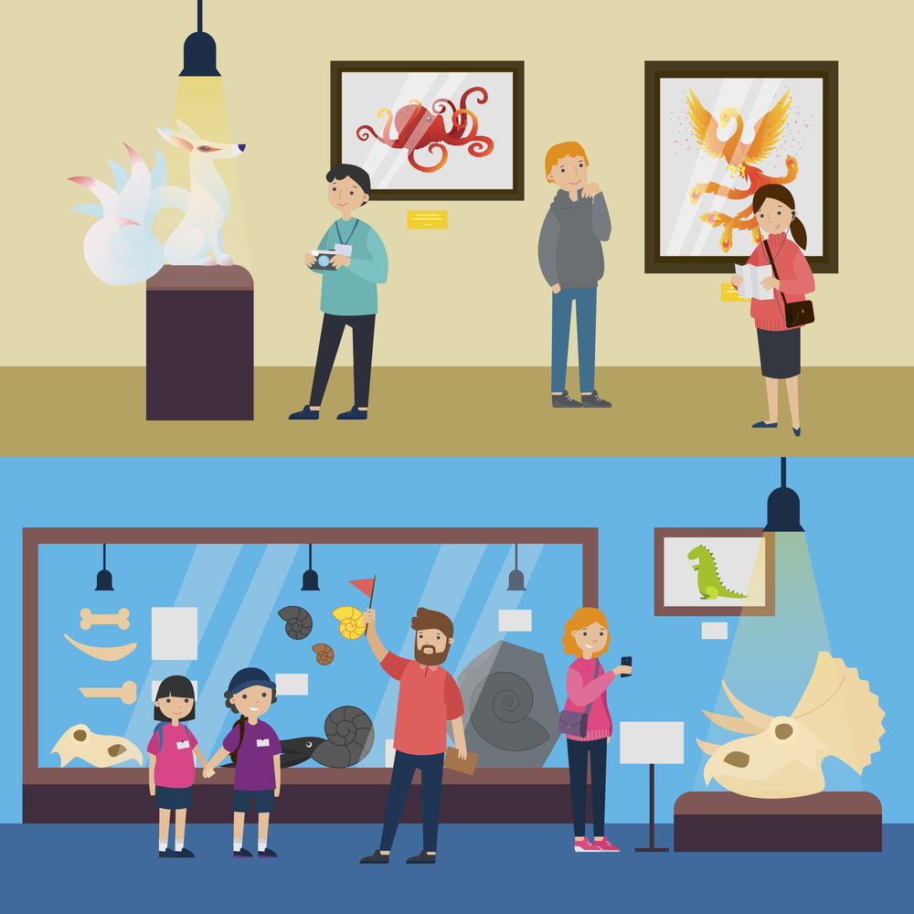 Cultural recreation horizontal banners with people visiting art gallery and archaeological museum of paleontology vector illustration. Cultural Recreation Horizontal Banners