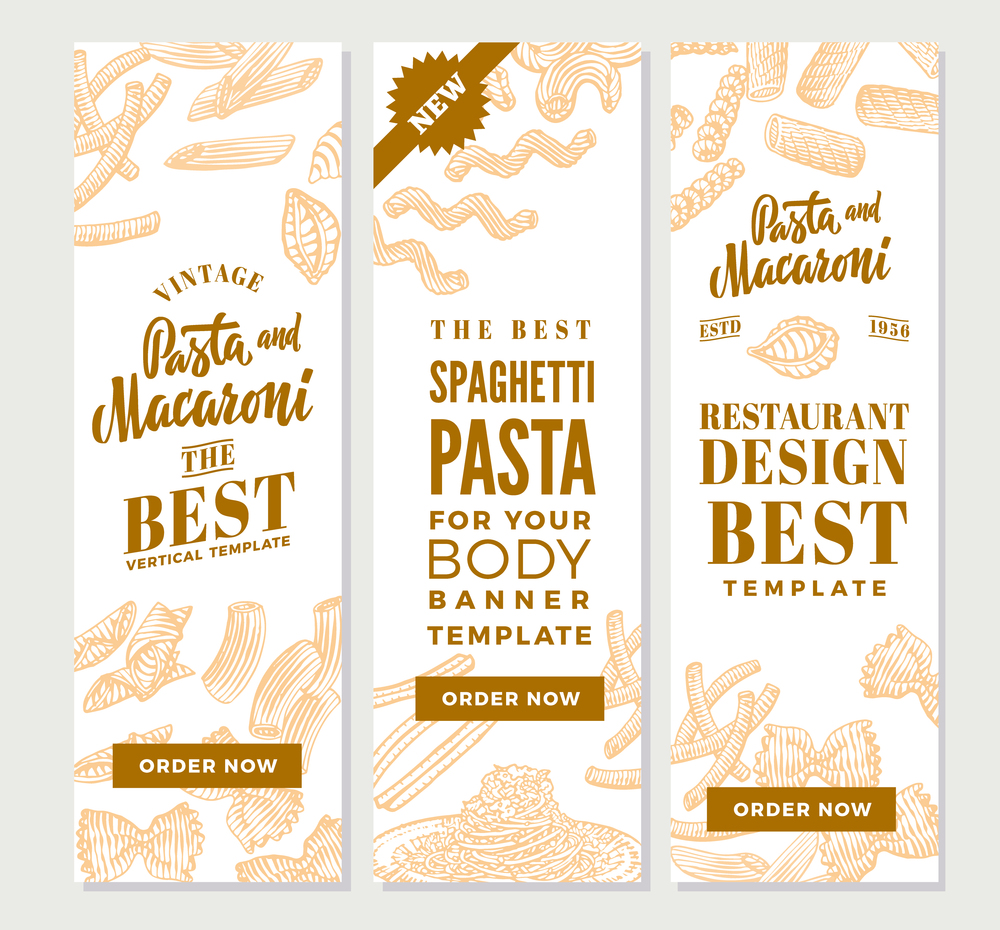 Vintage italian pasta vertical banners with macaroni and spaghetti in hand drawn style vector illustration. Vintage Italian Pasta Vertical Banners