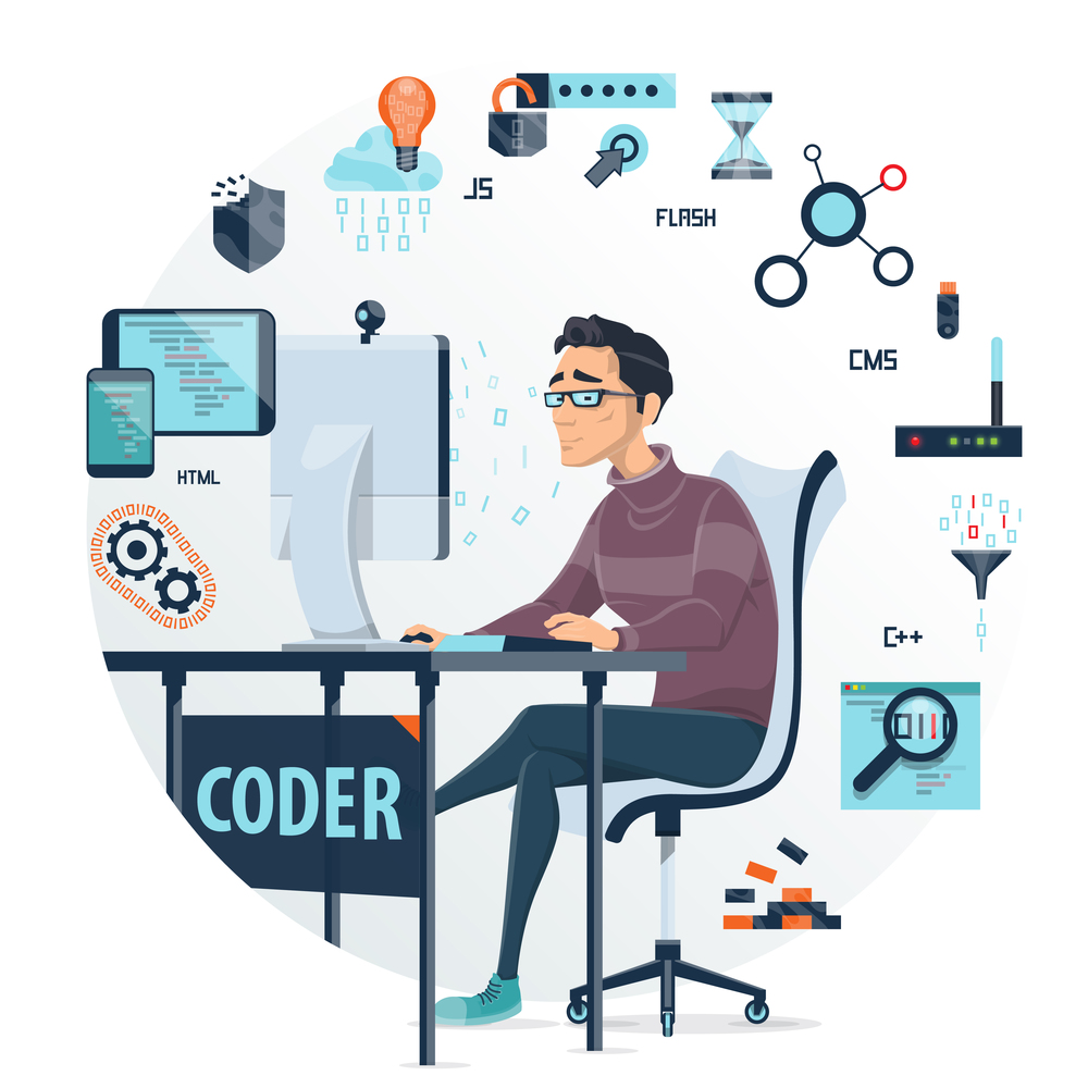 Coding round composition with devices web elements programming languages and working programmer in centre isolated vector illustration. Coding Round Composition