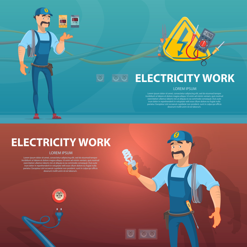 Colorful electricity work horizontal banners with electrician and different electric tools vector illustration. Colorful Electricity Work Horizontal Banners