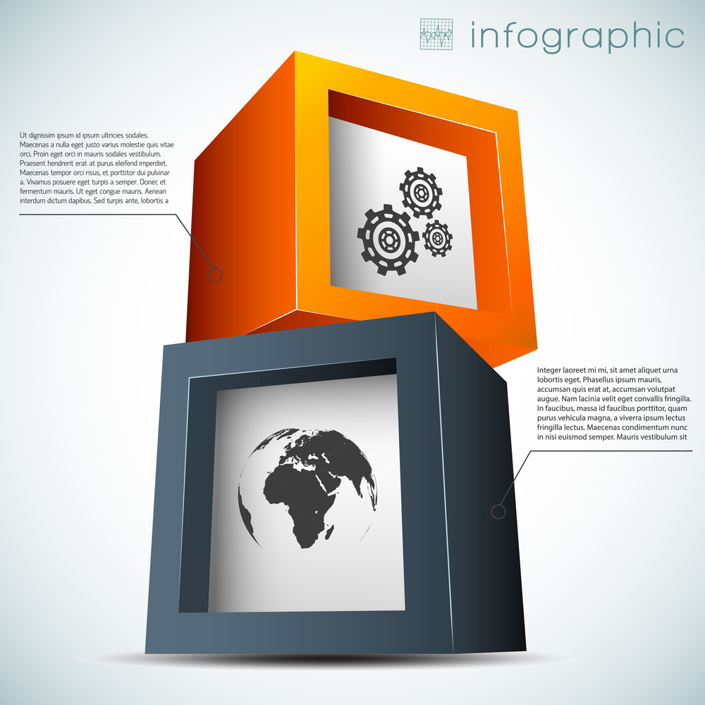 Abstract infographic concept with 3d colorful cubes gears world map on light background isolated vector illustration. Abstract Infographic Concept