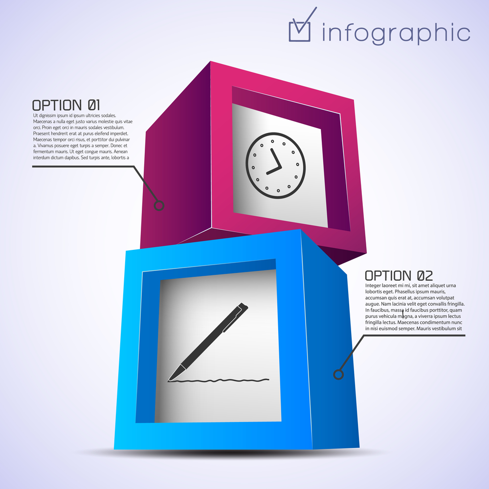 Abstract infographic template with 3d colorful bricks clock pen two options on light background isolated vector illustration. Abstract Infographic Template