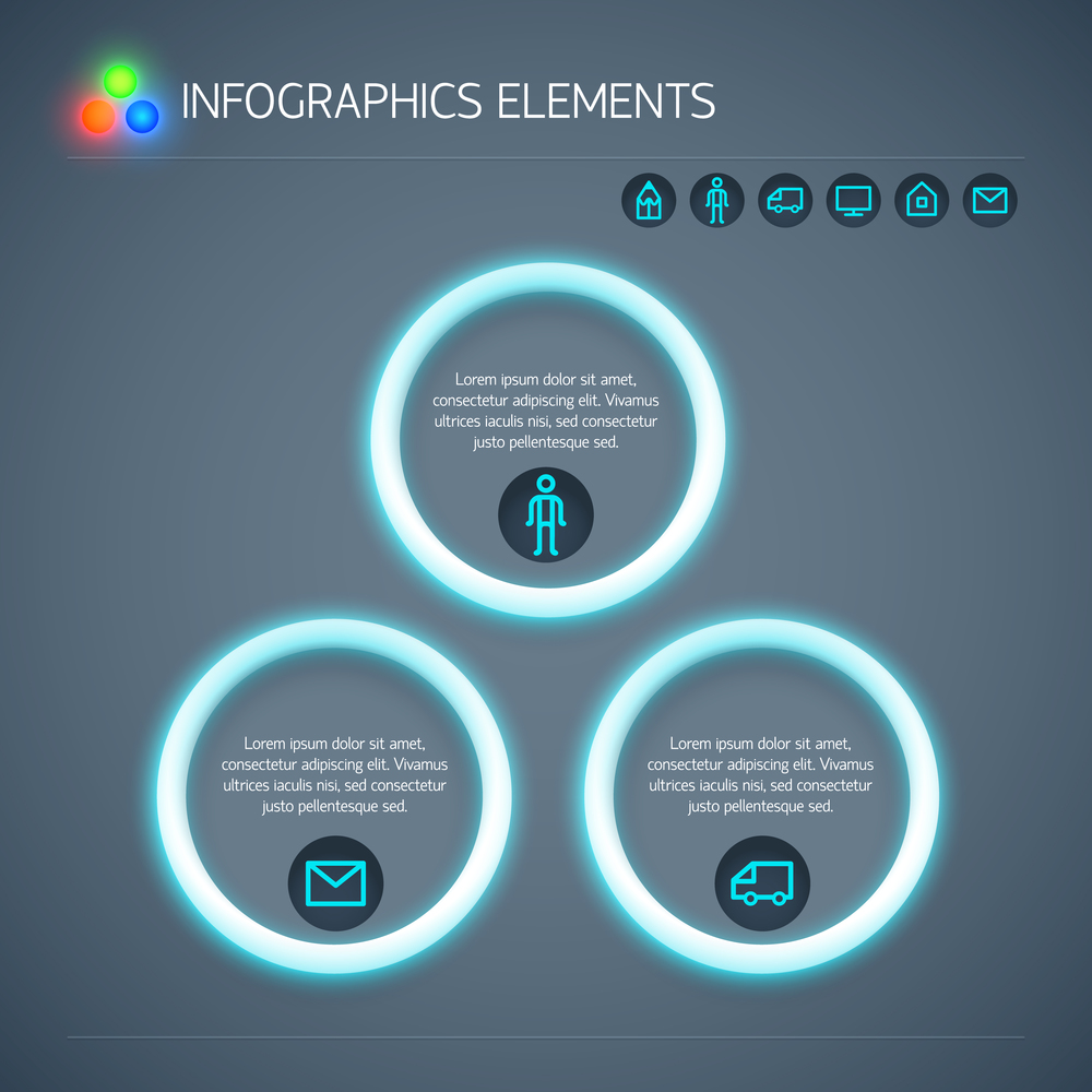 Abstract business infographic template with neon circles text and icons isolated vector illustration. Abstract Business Infographic Template