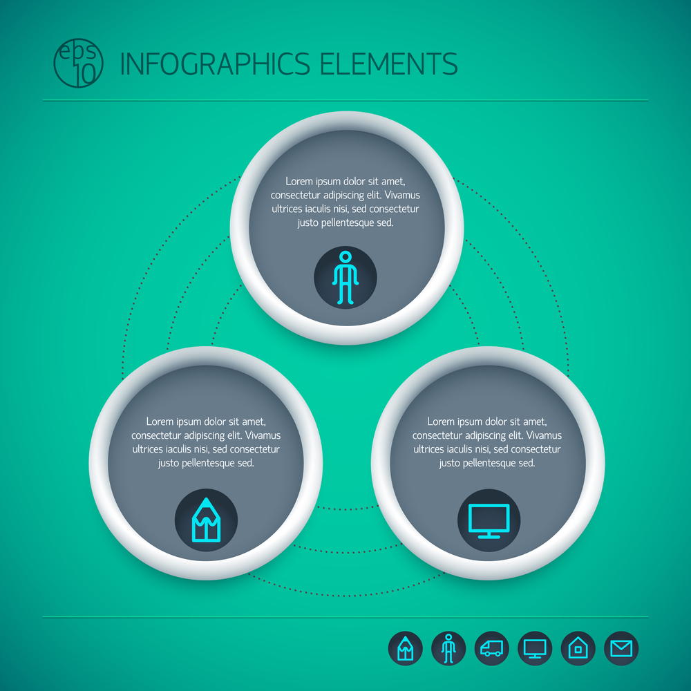 Abstract infographic elements with circles text three options and icons on green background isolated vector illustration. Abstract Infographic Elements