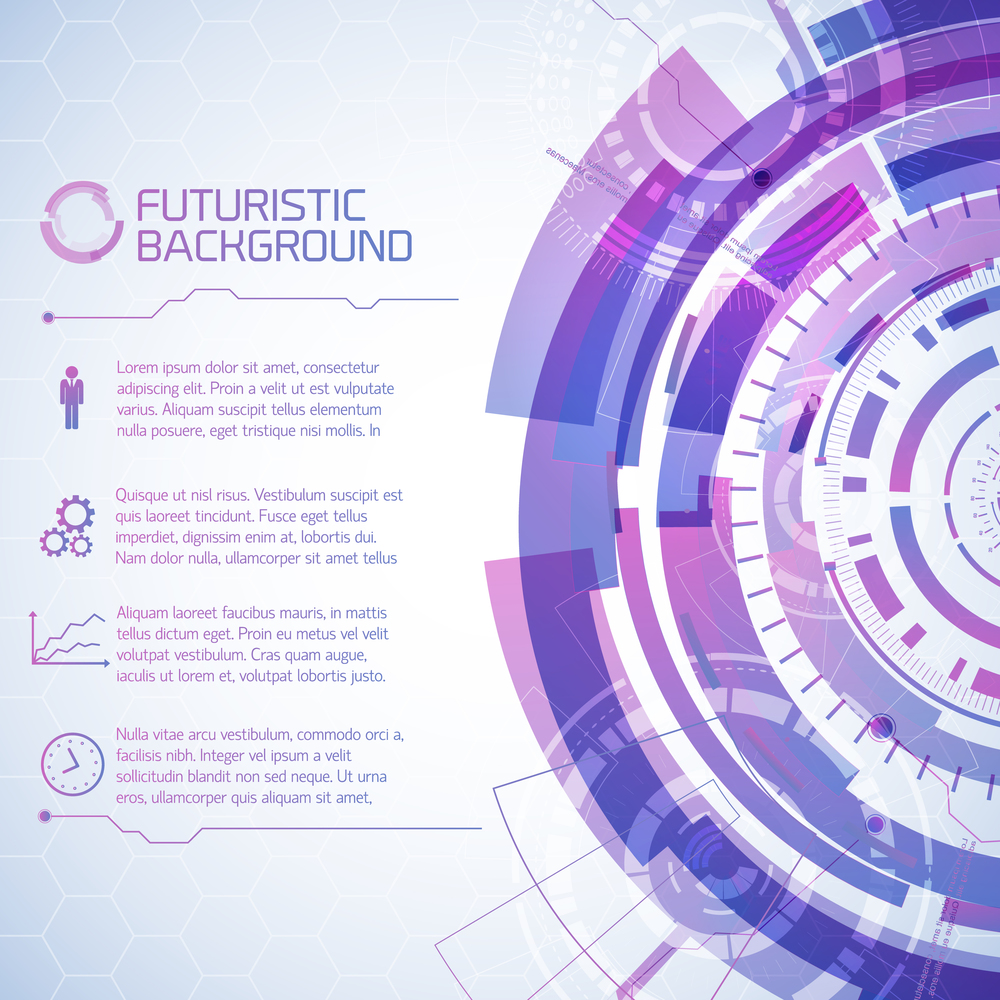 Virtual technology background with composition of futuristic round user touchscreen elements and text paragraphs with icons vector illustration. Modern Technology Conceptual Background
