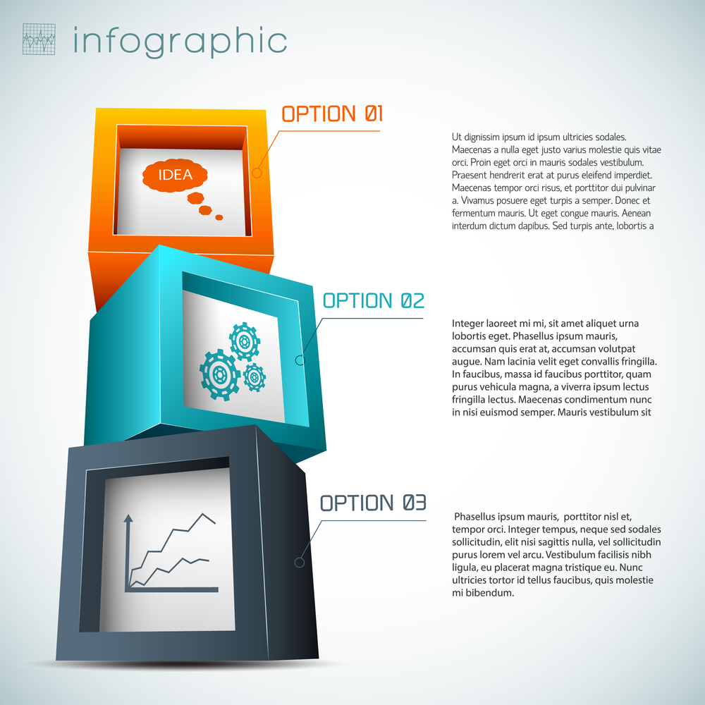 Infographics with 3d composition from cubes with information icons inside on white background vector illustration. Composition From Cubes Infographics