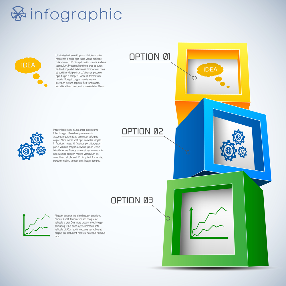 Infographics with 3d composition from cubes with information icons inside on white background vector illustration. 3d Cubes Infographics