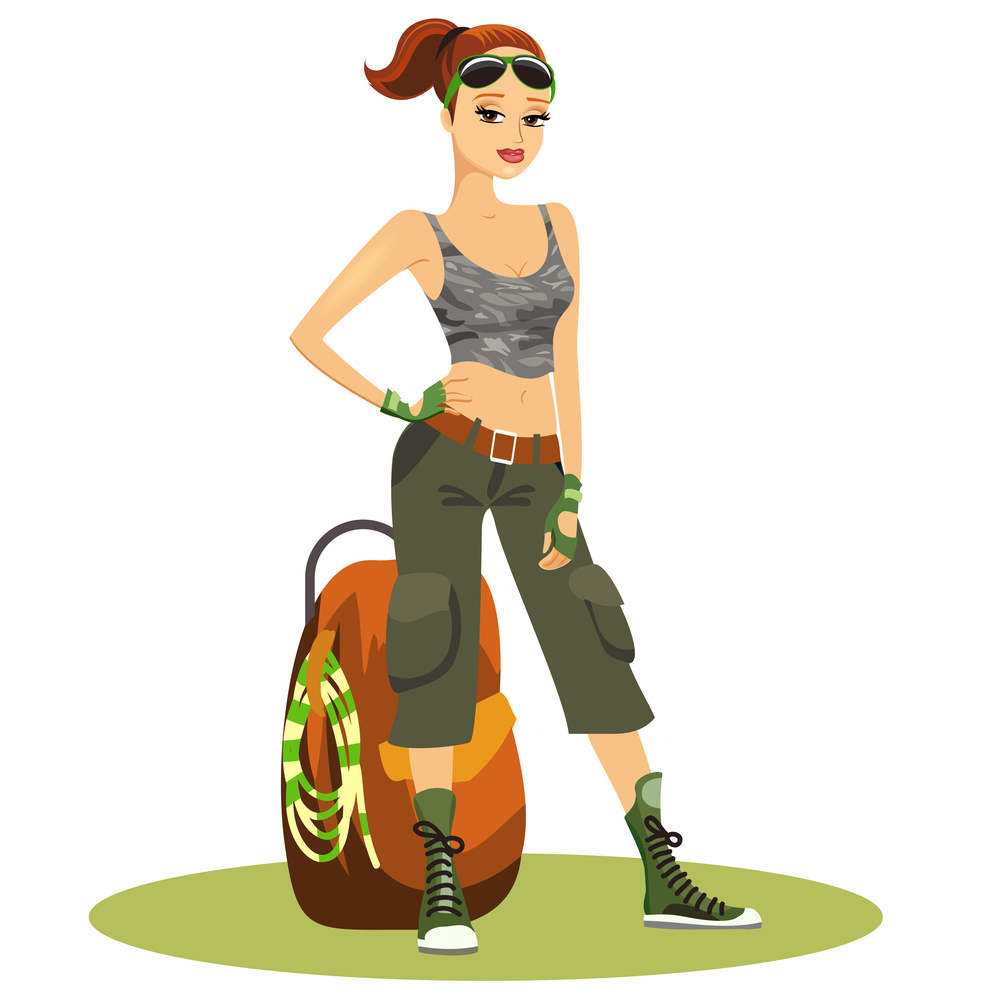 Beautiful young female backpacker in typical trendy touristy clothes with her sunglasses on her head standing in a confident pose with her hands on her hip alongside her backpack  vector clipart