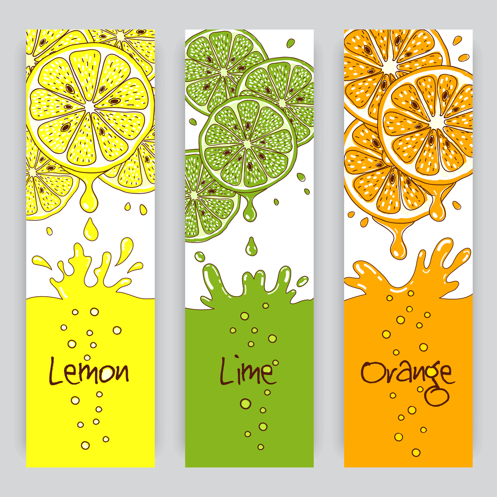 Vertical vector banners with citrus fruit. Lemon, lime and orange juice. Citrus fruit banners