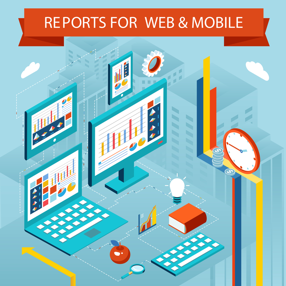 Business charts and reports on web pages and mobile apps. Flat isometric vector graph concept, graphic diagram screen. Business charts and reports on web pages, mobile apps. Flat isometric vector concept